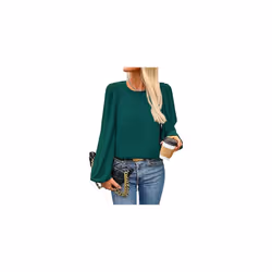 New Women's Round Neck Lantern Long Sleeved Chiffon Casual Work Shirt - M, dark green
