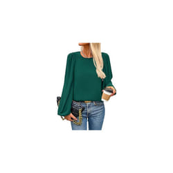 New Women's Round Neck Lantern Long Sleeved Chiffon Casual Work Shirt - XL, dark green