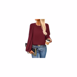 New Women's Round Neck Lantern Long Sleeved Chiffon Casual Work Shirt - L, Claret
