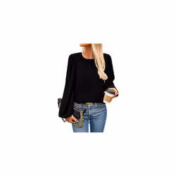 New Women's Round Neck Lantern Long Sleeved Chiffon Casual Work Shirt - L, black