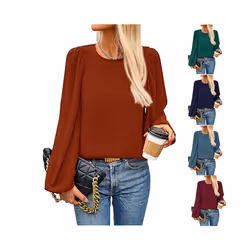 New Women's Round Neck Lantern Long Sleeved Chiffon Casual Work Shirt - M, Navy color
