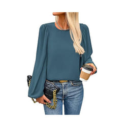 New Women's Round Neck Lantern Long Sleeved Chiffon Casual Work Shirt - XL, Navy color