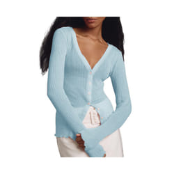 Women Transparent Jacket Sweater Fashion Knitted Cardigan Sexy Long Sleeve Button Closure Knitwear Female Cotton Outwear - Blue, L