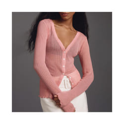 Women Transparent Jacket Sweater Fashion Knitted Cardigan Sexy Long Sleeve Button Closure Knitwear Female Cotton Outwear - Pink, S