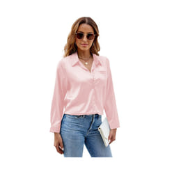 Spring Autumn Women Satin Button Up Shirt  New Long Sleeve Tops Office Slim Fit Top Pocket Blouses Women's Top With Sleeves - Pink, XXL