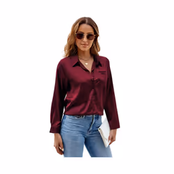 Spring Autumn Women Satin Button Up Shirt  New Long Sleeve Tops Office Slim Fit Top Pocket Blouses Women's Top With Sleeves - Pink, XL