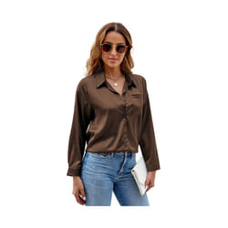 Spring Autumn Women Satin Button Up Shirt  New Long Sleeve Tops Office Slim Fit Top Pocket Blouses Women's Top With Sleeves - Coffee, L