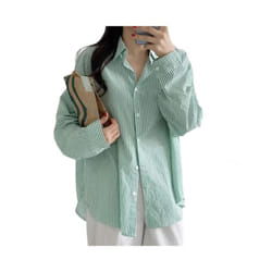 Women Thin Long Sleeve Shirt Loose Fit Women's Shirt Lapel Long Sleeve Striped Print Soft Stretchy Material for Work - green, M