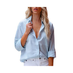 Casual Shirt for Women Blouses Single Breasted Long Sleeve Blouses Women Office Shirt Ladies Shirts chemise femme - Sky Blue, 2XL