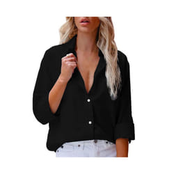 Casual Shirt for Women Blouses Single Breasted Long Sleeve Blouses Women Office Shirt Ladies Shirts chemise femme - Black, L