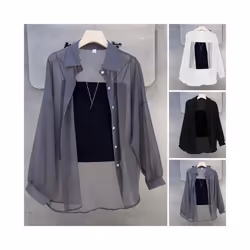 Lapel Long Sleeve Women Shirt Women's Summer Chiffon Lapel Shirt Coat Long Sleeve Single Breasted Thin Sun for Women - Grey, M