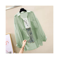 Sun Protection Shirt Clothes For Women Summer Thin Chiffon Shirts Korean Style Loose Tops Casual Solid Button Women's Blouse - green, S