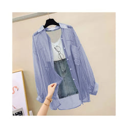 Sun Protection Shirt Clothes For Women Summer Thin Chiffon Shirts Korean Style Loose Tops Casual Solid Button Women's Blouse - Blue, XXL