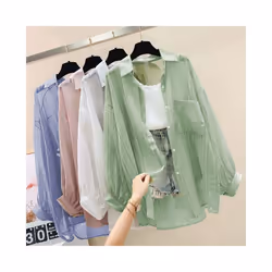 Sun Protection Shirt Clothes For Women Summer Thin Chiffon Shirts Korean Style Loose Tops Casual Solid Button Women's Blouse - Blue, XL