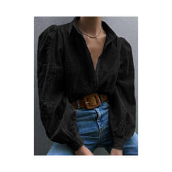 Women's Long-sleeved Hollow Out Button Office Wear Shirts,Shirts & Blouses,Women Clothing,Tops For Women,Clothes,White Shirts - black, S
