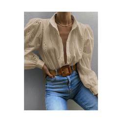 Women's Long-sleeved Hollow Out Button Office Wear Shirts,Shirts & Blouses,Women Clothing,Tops For Women,Clothes,White Shirts - Apricot, L