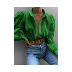Women's Long-sleeved Hollow Out Button Office Wear Shirts,Shirts & Blouses,Women Clothing,Tops For Women,Clothes,White Shirts - green, M