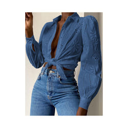 Women's Long-sleeved Hollow Out Button Office Wear Shirts,Shirts & Blouses,Women Clothing,Tops For Women,Clothes,White Shirts - Blue, XL