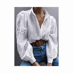 Women's Long-sleeved Hollow Out Button Office Wear Shirts,Shirts & Blouses,Women Clothing,Tops For Women,Clothes,White Shirts - WHITE, M