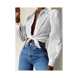 Women's Long-sleeved Hollow Out Button Office Wear Shirts,Shirts & Blouses,Women Clothing,Tops For Women,Clothes,White Shirts - WHITE, XL