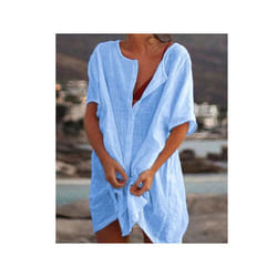 Women Cotton Linen Long Blouse Summer Short Sleeve Solid Button Blouse Casual Shirt Vintage Oversized - blue, 2XL