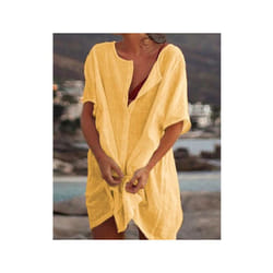 Women Cotton Linen Long Blouse Summer Short Sleeve Solid Button Blouse Casual Shirt Vintage Oversized - yellow, L