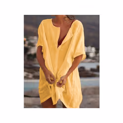 Women Cotton Linen Long Blouse Summer Short Sleeve Solid Button Blouse Casual Shirt Vintage Oversized - yellow, XL