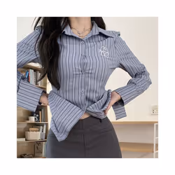 Striped Long Sleeved Shirt Spring Autumn New Casual Waist Cinched Slim Fit Blouse Tops Youthful Sweet Fashion Clothes for Wom ...