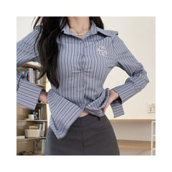 Striped Long Sleeved Shirt Spring Autumn New Casual Waist Cinched Slim Fit Blouse Tops Youthful Sweet Fashion Clothes for Women - shirt, XXL