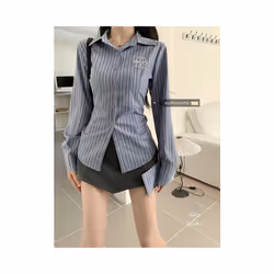 Striped Long Sleeved Shirt Spring Autumn New Casual Waist Cinched Slim Fit Blouse Tops Youthful Sweet Fashion Clothes for Women - shirt, XXL