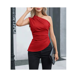 Women's Vest Allseason Sexy Plain Sleeveless One-Shoulder Skinny Fit Party Vest - Red, S
