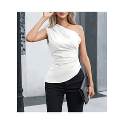 Women's Vest Allseason Sexy Plain Sleeveless One-Shoulder Skinny Fit Party Vest - White, XS