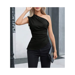 Women's Vest Allseason Sexy Plain Sleeveless One-Shoulder Skinny Fit Party Vest - Black, S