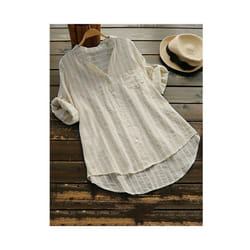 Blouse Women Stripe New Casual V-neck Striped seven-point Sleeve Half High Collar Shirt Women Blusas Camisas Feminina JQMY9903 - Khaki, XL