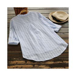 Blouse Women Stripe New Casual V-neck Striped seven-point Sleeve Half High Collar Shirt Women Blusas Camisas Feminina JQMY9903 - Light  Blue, XXXL