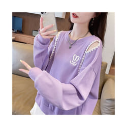 New Korean Off Shoulder Loose Short T Shirts Spring Autumn Long Sleeve Solid Hollow Out Casual Tops Fashion Trend Women Clothing - PURPLE, XXL