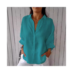 Blusas Para Mujer Cotton Linen Women Shirt Black Turn-Down Collar Lace Up Loose Blouses Female Casual Trendy Ladies Clothes - Lake Blue, L