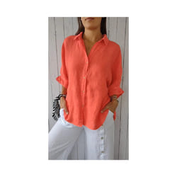 Blusas Para Mujer Cotton Linen Women Shirt Black Turn-Down Collar Lace Up Loose Blouses Female Casual Trendy Ladies Clothes - Orange, XXL