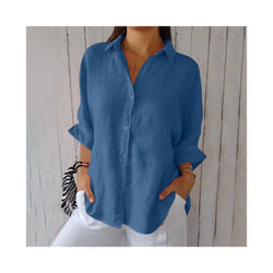Blusas Para Mujer Cotton Linen Women Shirt Black Turn-Down Collar Lace Up Loose Blouses Female Casual Trendy Ladies Clothes - Blue, XXL