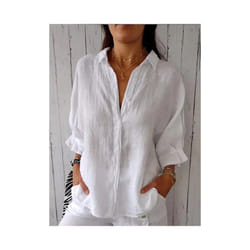 Blusas Para Mujer Cotton Linen Women Shirt Black Turn-Down Collar Lace Up Loose Blouses Female Casual Trendy Ladies Clothes - Gold, M