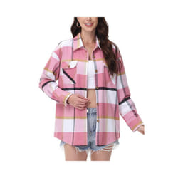Casual Flannel Plaid Shirts Womens Long Sleeve Button-Down Blouse 2 Chest Pockets Loose Fit Cotton Tops Streetwear Soft - Pink, L