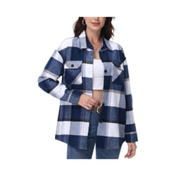 Casual Flannel Plaid Shirts Womens Long Sleeve Button-Down Blouse 2 Chest Pockets Loose Fit Cotton Tops Streetwear Soft - Blue, L