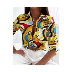 Spring/Summer Women's Commuter Long Sleeved Shirt Fashion Printed Lapel Holiday Casual Shirt Elegant Women's Shirt - MULTI, S