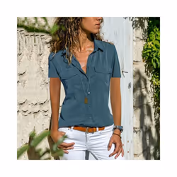 Summer and Autumn New Women's Shirt Flip Collar Casual Fashion Shirt Women's Wear - Blue, L