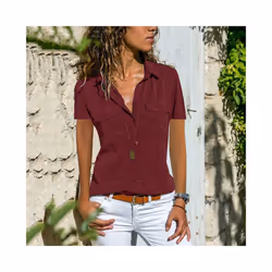 Summer and Autumn New Women's Shirt Flip Collar Casual Fashion Shirt Women's Wear - Pink, XL