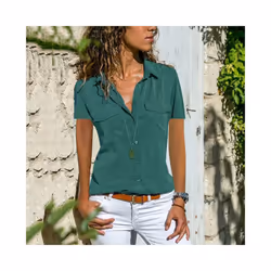 Summer and Autumn New Women's Shirt Flip Collar Casual Fashion Shirt Women's Wear - green, L