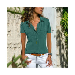 Summer and Autumn New Women's Shirt Flip Collar Casual Fashion Shirt Women's Wear - green, XXL