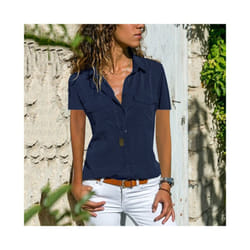 Summer and Autumn New Women's Shirt Flip Collar Casual Fashion Shirt Women's Wear - Navy Blue, L
