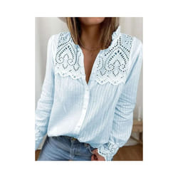Summer White Shirts For Top Black Loose Blouse Korean Style Casual Button Tops Woman Fashion Lace Shirt Long Sleeve - blue, XXL