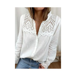 Summer White Shirts For Top Black Loose Blouse Korean Style Casual Button Tops Woman Fashion Lace Shirt Long Sleeve - white, XL